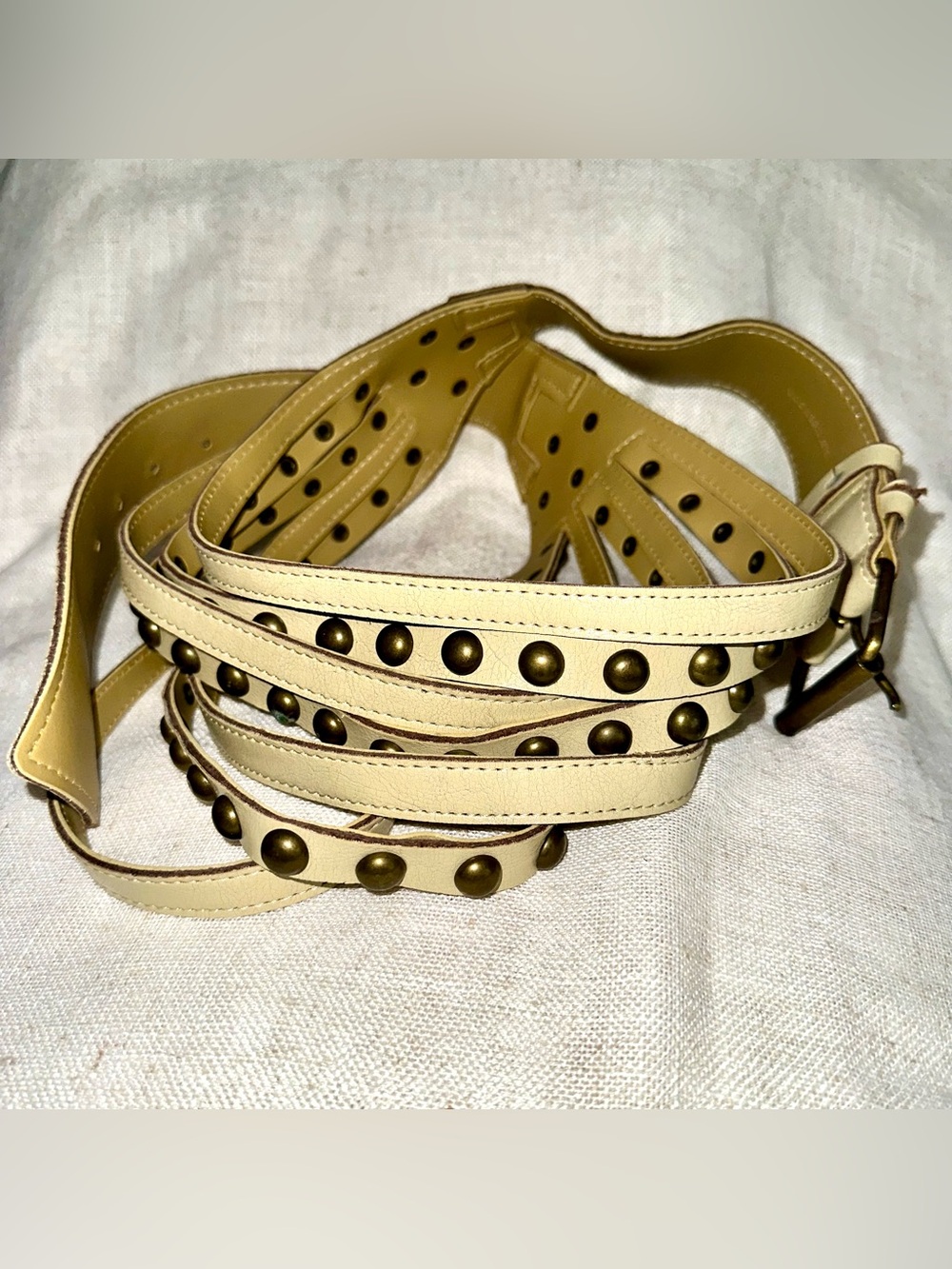 Vintage Y2K Cream Multi Strap Studded Leather Belt Brass Hardware Size 38